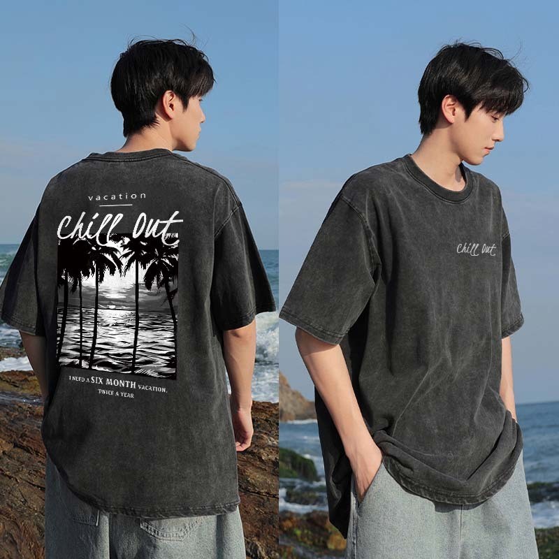 [COD] Washed Kaos Pria American retro Seaside holiday style Baju Oversize Pria Street Style T-shirt 