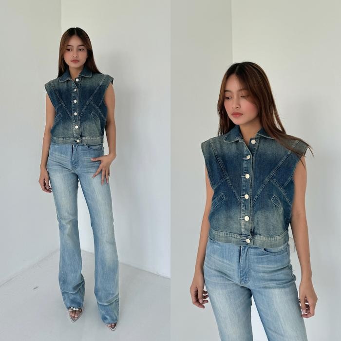 LADOUCE - Rexxa Denim Outer Vest Atasan Jeans Wanita - Vintage Blue, S