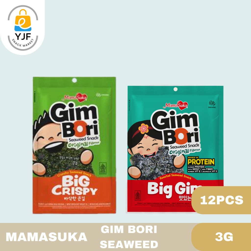 

Mamasuka Gim Bori Seaweed Snack / Rumput Laut Kering / Big Crispy Original / Big Gim Original 3g 1 Box / 12 Pcs