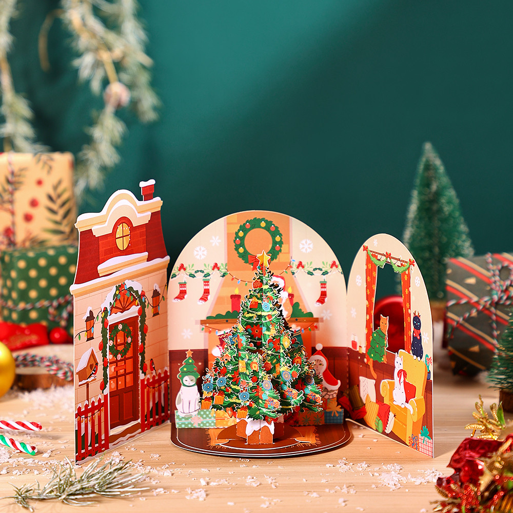 

Cat Xmas Party Greeting Cards TreeThree-dimensional Pop Up Card With Envelope 3D Postcard Holiday Supplies