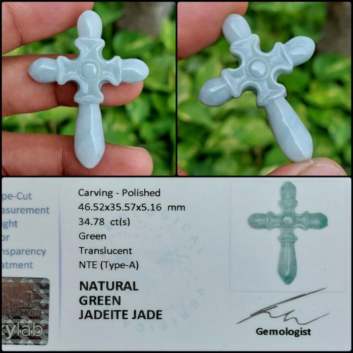 Liontin Salib Batu Giok Asli Natural Jadeite Jade Original Memo Lab BA