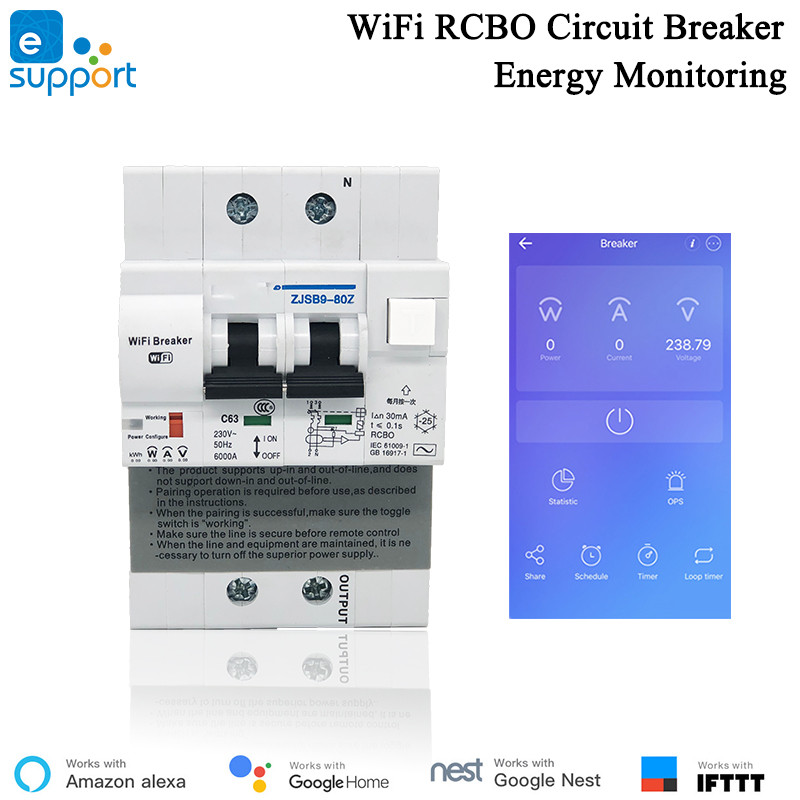 EWelink RCBO 2P WiFi Circuit Breaker Power Monitoring Leakage Protection Smart Breaker Alexa IFTTT C