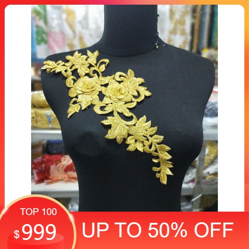 Renda Bordir 2 Bunga Tabur Patch Baju Emas Silver