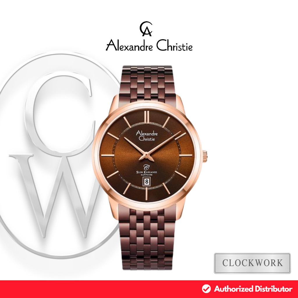 Jam Tangan Pria Alexandre Christie Classic Steel AC 8709 MDBROBO Rantai Couple Formal Simple Coklat 