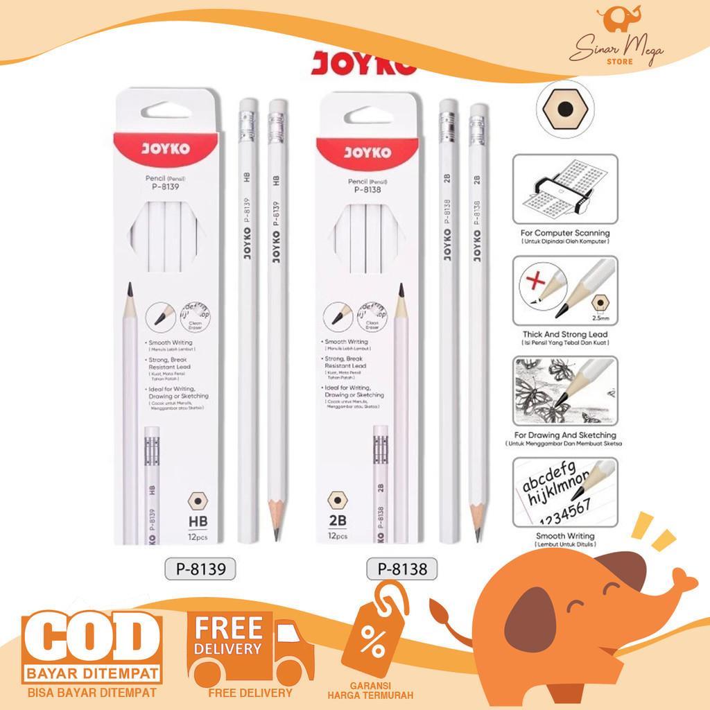 

Joyko Pensil 2B/HB P-8138 ~ P-8139 LUSINAN Isi 12 Hexagonal Pencil For Computer Murah
