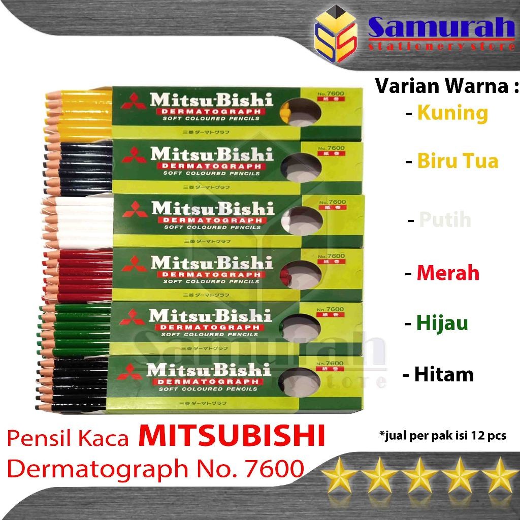

Pensil Kaca Warna Mitsubishi No 7600 / Pencil Glass Dermatograph Pak isi 12 Putih - Hitam - Merah - Biru - Kuning - Hijau Dematograph