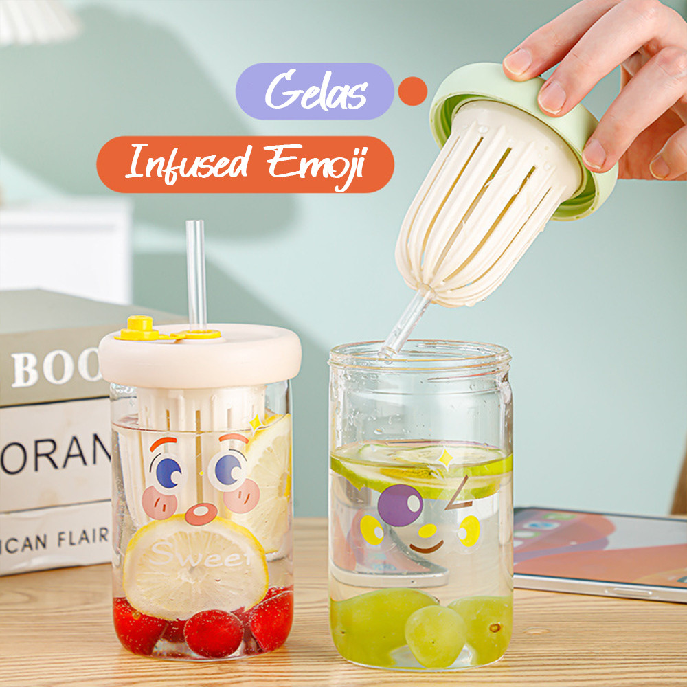 GELAS INFUSED WATER KACA SEDOTAN KACA EMOJI - BOTOL AIR MINUM SEDOTAN KACA 450 ML