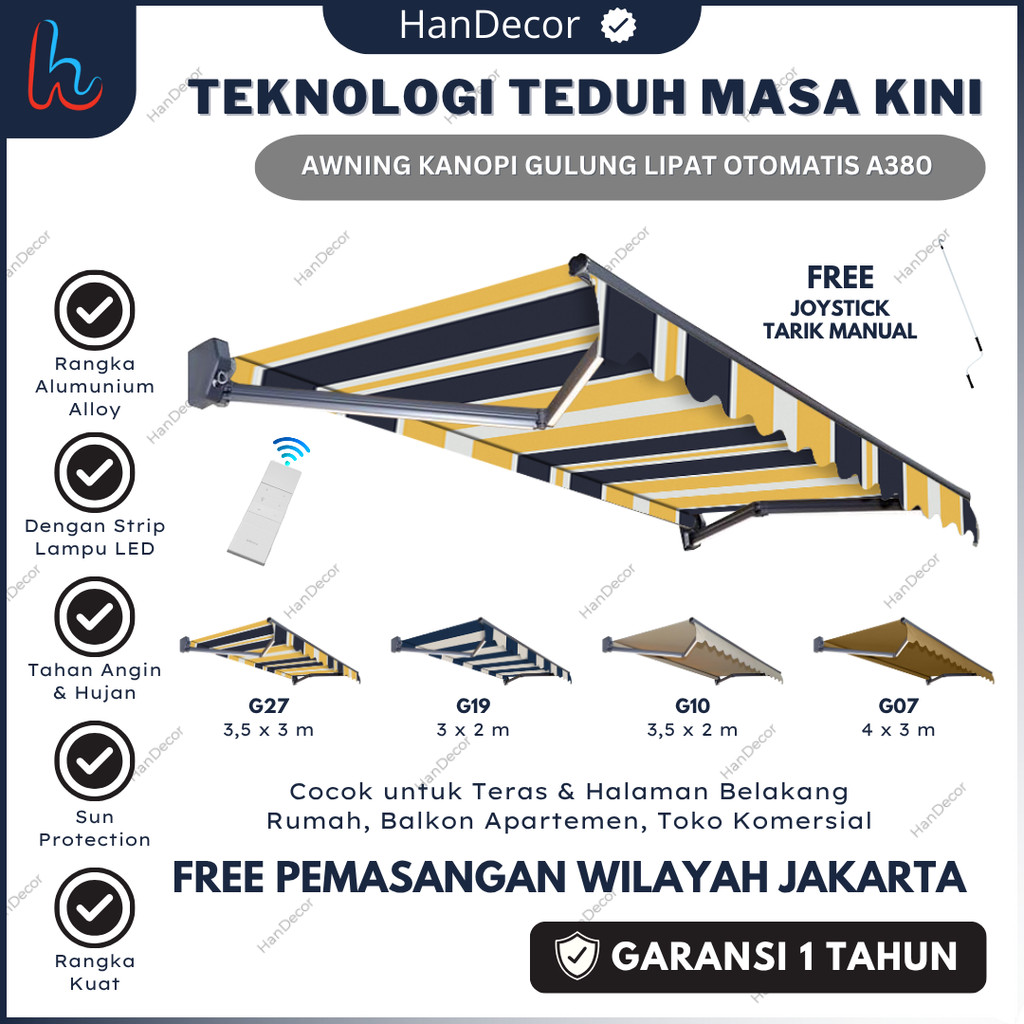 Awning Gulung Kanopi Lipat 2 / 3 Meter Kanopi Buka Tutup Otomatis Awning Elektrik Dengan Lampu LED T