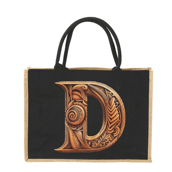 Tas Linen Jute HandBag Tote bag Jute Splicing Linen Bag Shopping bag Wood Art Letter Printing Jute B