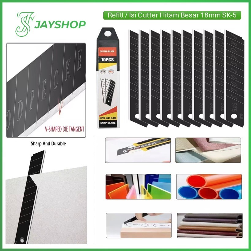 

(GROSIRAN) (Isi 10pcs) Isi Ulang Cutter Hitam Besar 18mm SK5 Refill Cutter 18mm Tajam Stainless