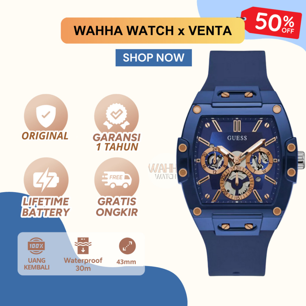 Jam Tangan Guess GW0203G7 Rose Gold-Tone and Blue Silicone Multifunction Watch Unisex [BERGARANSI]