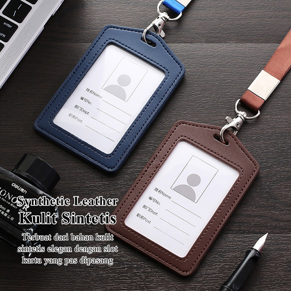 

Lanyard Tanda Pengenal + ID Card Holder - Set Aksesoris Kantor & Sekolah | Bahan Kulit Sintetis Lembut (Warna Coklat/Hitam) | Free Tali Adjustable