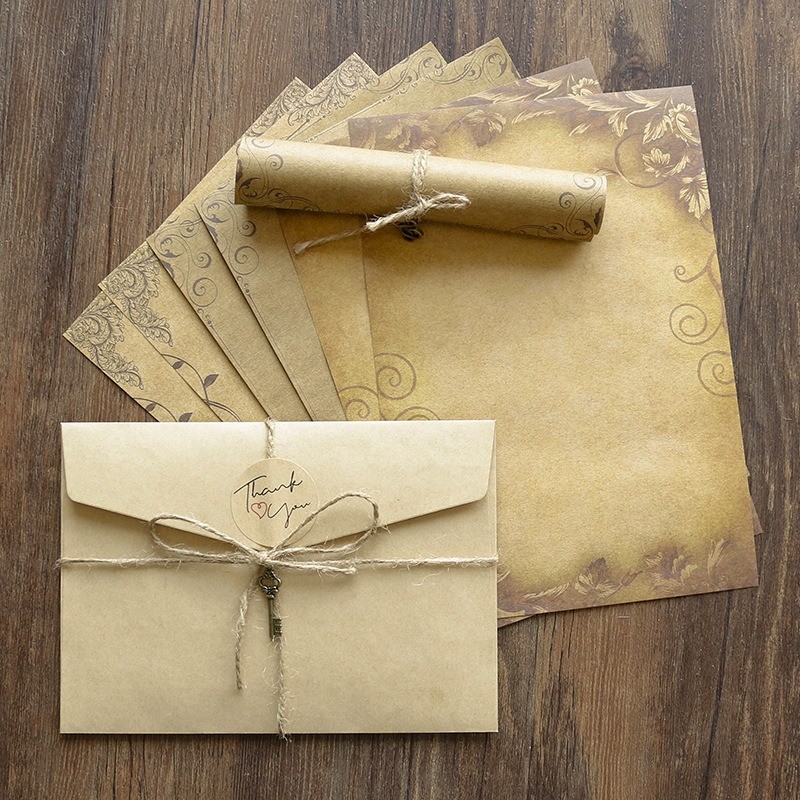 

2Set Western Vintage Kraft Envelope Letter Paper for Love Confessions Holiday Event Props Gift Twine Metal Accessories Sticker