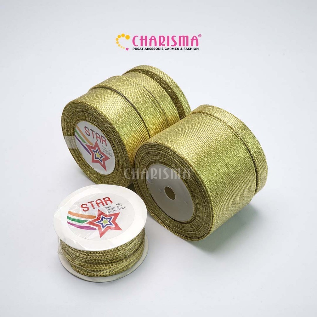 

Charisma Pita Satin Glitter Emas - Pita Emas Glitter / Harga 1 Roll (20 Yard)