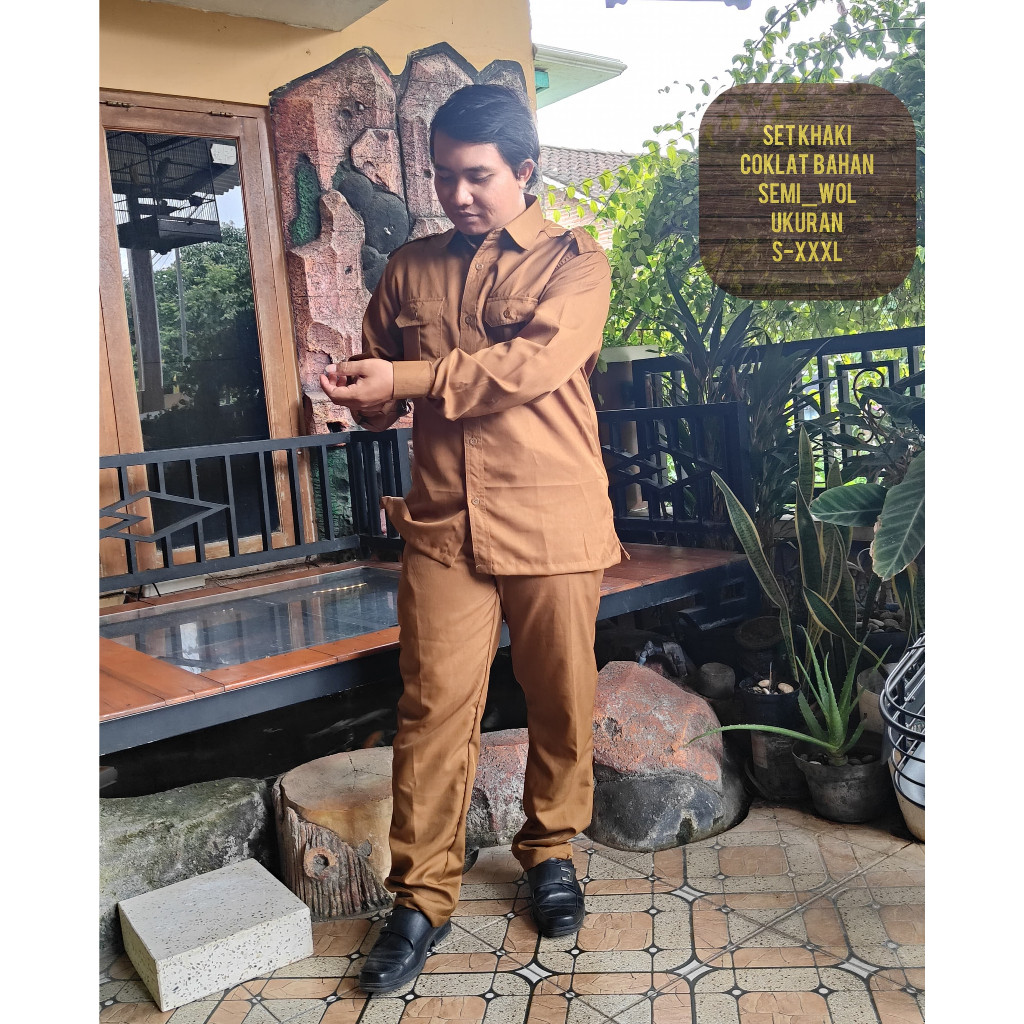 SATU SET Baju Khaki coklat Pria Lengan PANJANG /Seragam PNS pria Lengan Panjang / Baju Dinas Pemda /