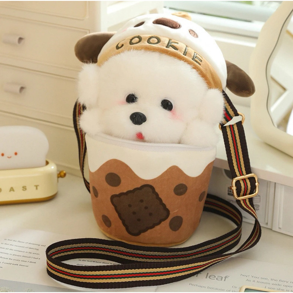 COD Tas Boneka Minuman Boba Tas 2 in 1 Tas Selempang Anak Boneka Anjing Lucu 25CM Tas teh susu anjin