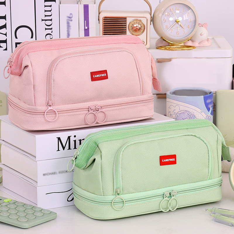 

New macaron color student pencil case Oxford cloth waterproof large capacity double-layer stationery storage bag