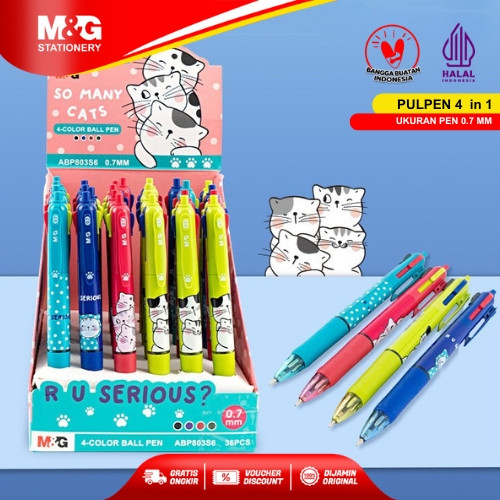 

M&G Pulpen Cetek 4 Warna in 1 ""SO MANY CATS"" Tinta Halus Warna Tajam Tidak Mudah Bocor Ball Pen Retractable Comfort Rubber Grip 0.7mm Pen Cetek 4 in 1