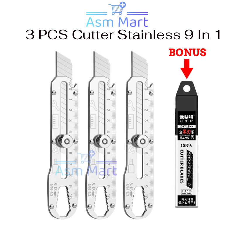 

ASM [BUN] Set Isi 3 Pcs Pisau Cutter 9 In 1 Serbaguna Bonus 1 Tube Isi Refill Cutter 10 Mata Pisau