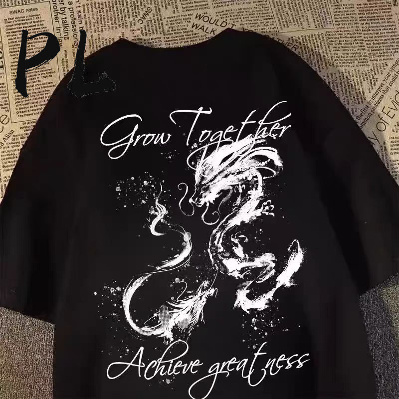 【PL KAOS】【Kaos Trendy Baru】【Kaos Pria】100% Katun Pola Naga Lukisan Tinta Retro Unisex Musim Panas【Ga