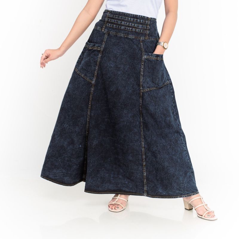 Leemave - Rok Payung Jeans Premium Warna Hitam Snow Model Pinggang Garis Original Ukuran All size Da