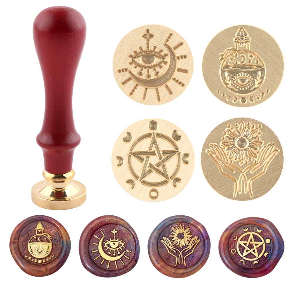 

Wax Seal Stamp Set, Pagan Pentagram Moon Phases Sealing Stamp Head, Vintage Evil Eye Triple Moon Pentacle and Sun Bottle Pattern