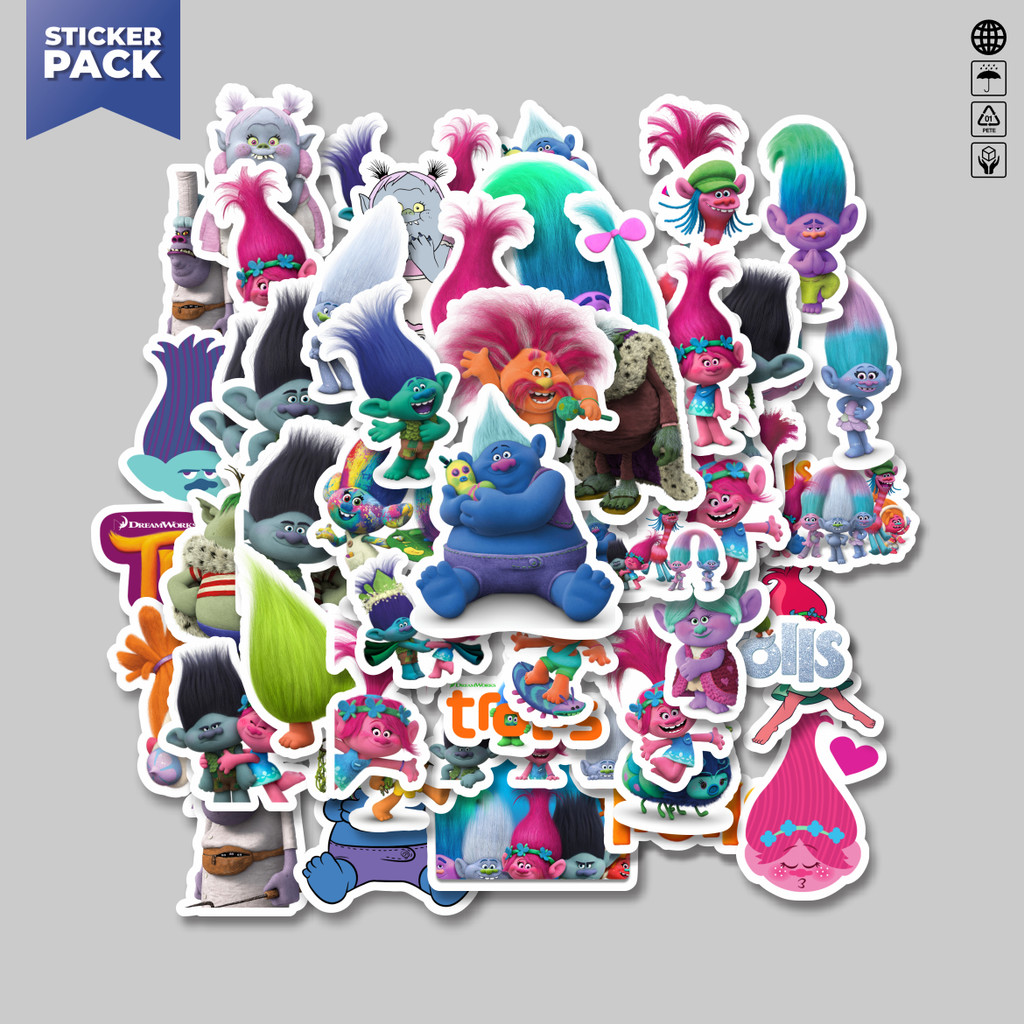 

[100PCS]Stiker Pack Stiker Kartun Series The Trolls Mix Aesthetic Vinyl Anti Air Dekorasi Sticker Laptop Buku Journal Koper Helm Casing HP Gitar Helm Skateboard