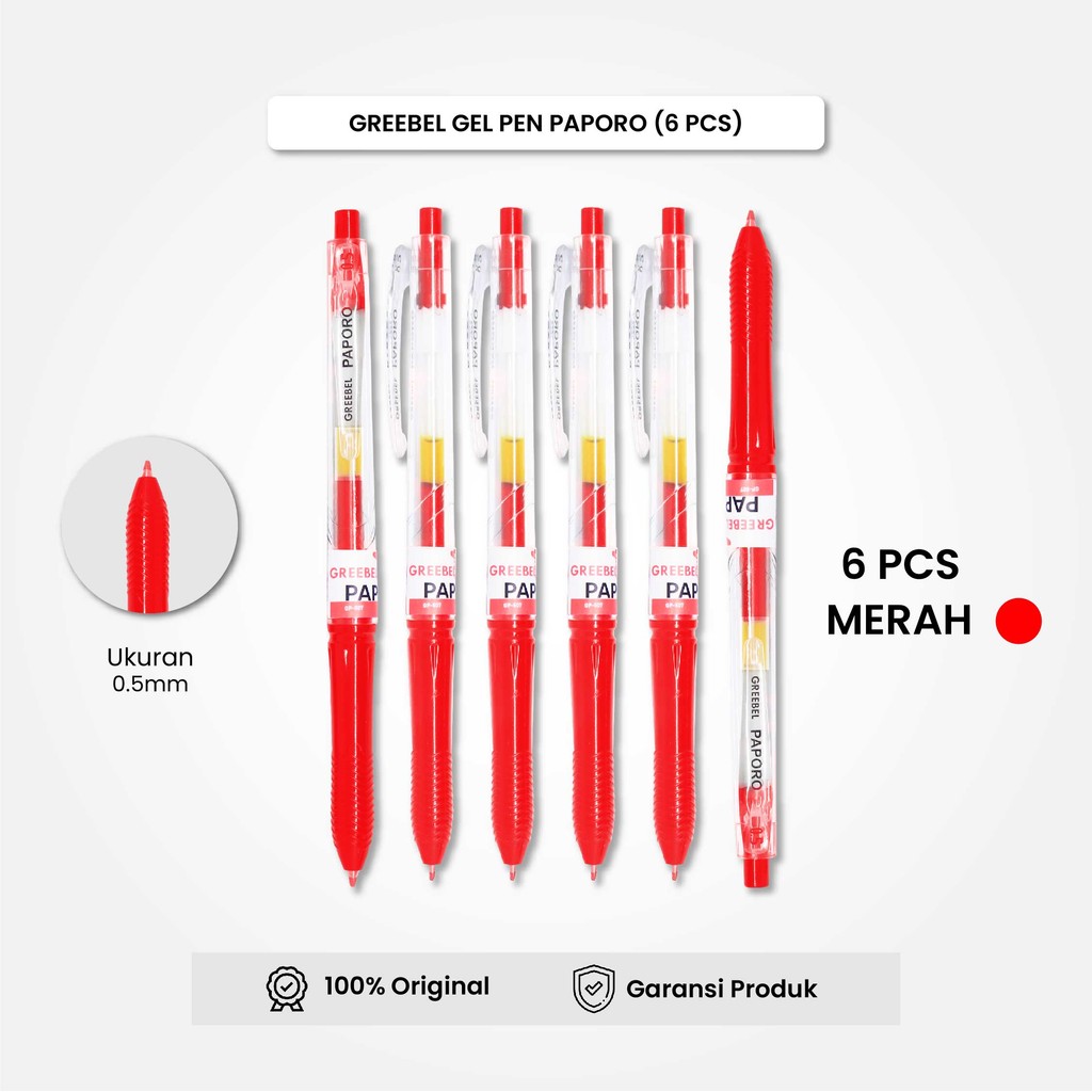 

GREEBEL PULPEN GEL / Gel Pen GP-507 Paporo 0.5 Merah (6PCS/SET) / Ballpen Gel Ballpoint Bolpen Bolpoin Pena Gel