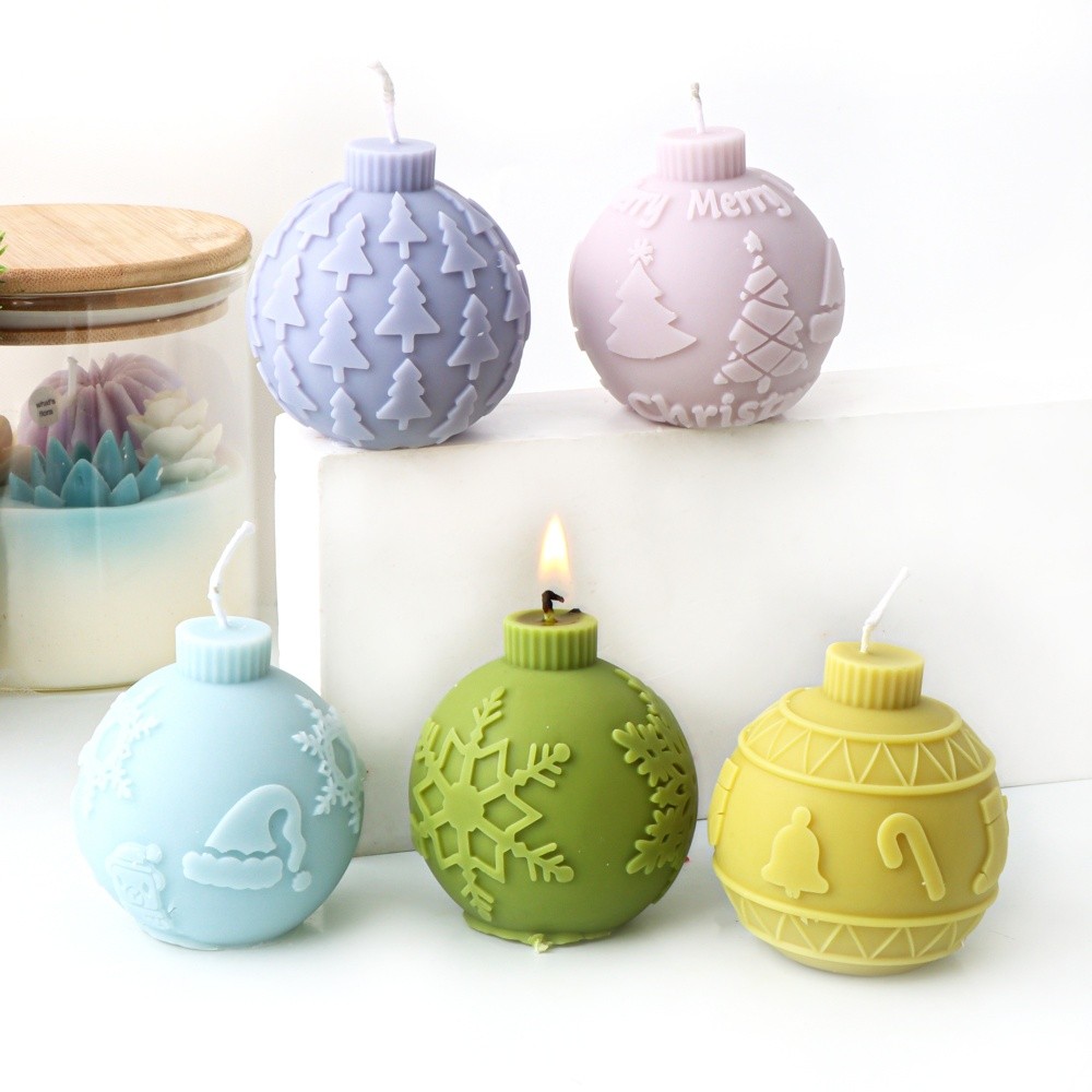 

3D Ball Candle Silicone Mold Geometric Striped Xmas Tree/Snowflake/Bell Ball Soap Resin Plaster Mould Festival Decor