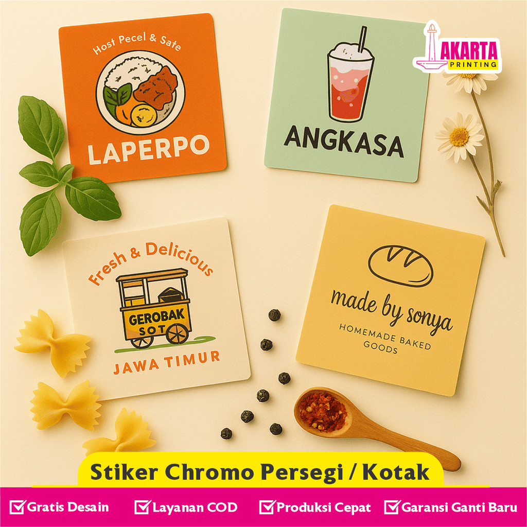 

Cetak Stiker Kemasan Persegi Label Kotak Produk Makanan Minuman Olshop Bahan Cromo