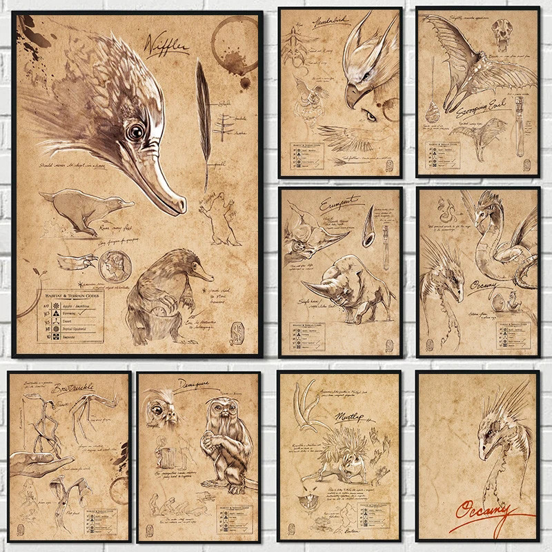 

Vintage Field Notes The Myth Monster 80s Poster Retro Canvas Painting Magic Wizarding Niffler Note Wall Art For Room Home Decor