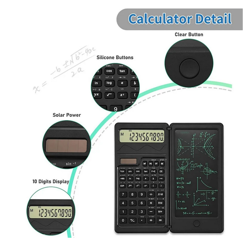 

The scientific calculator and notepad desk three-in-one folding function calculator supports solar energy and button batteries