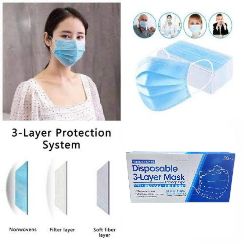 Masker 3 Ply isi 50 pcs Biru Hitam Dewasa Earloop GROSIR UNIK F-N