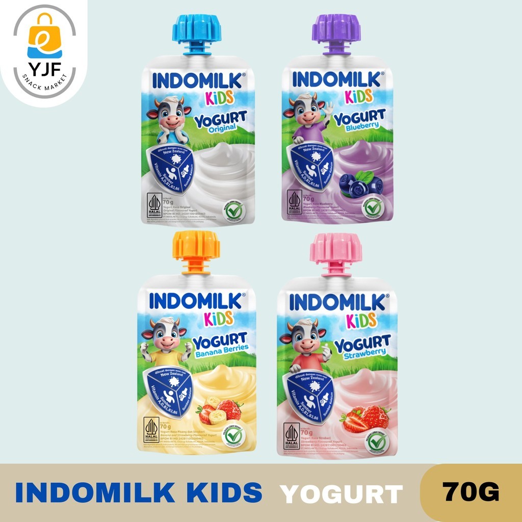 

Indomilk Kids Yogurt 70g / Rasa Original / Blueberry / Banana Berries / Strawberry / Yoghurt / Kemasan Pouch