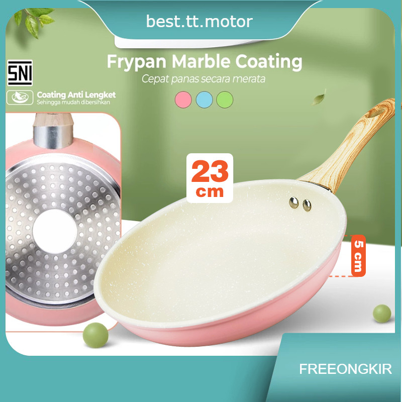 Wajan Penggorengan Warna Pink Anti Lengket 23cm dengan gagang serat kayu