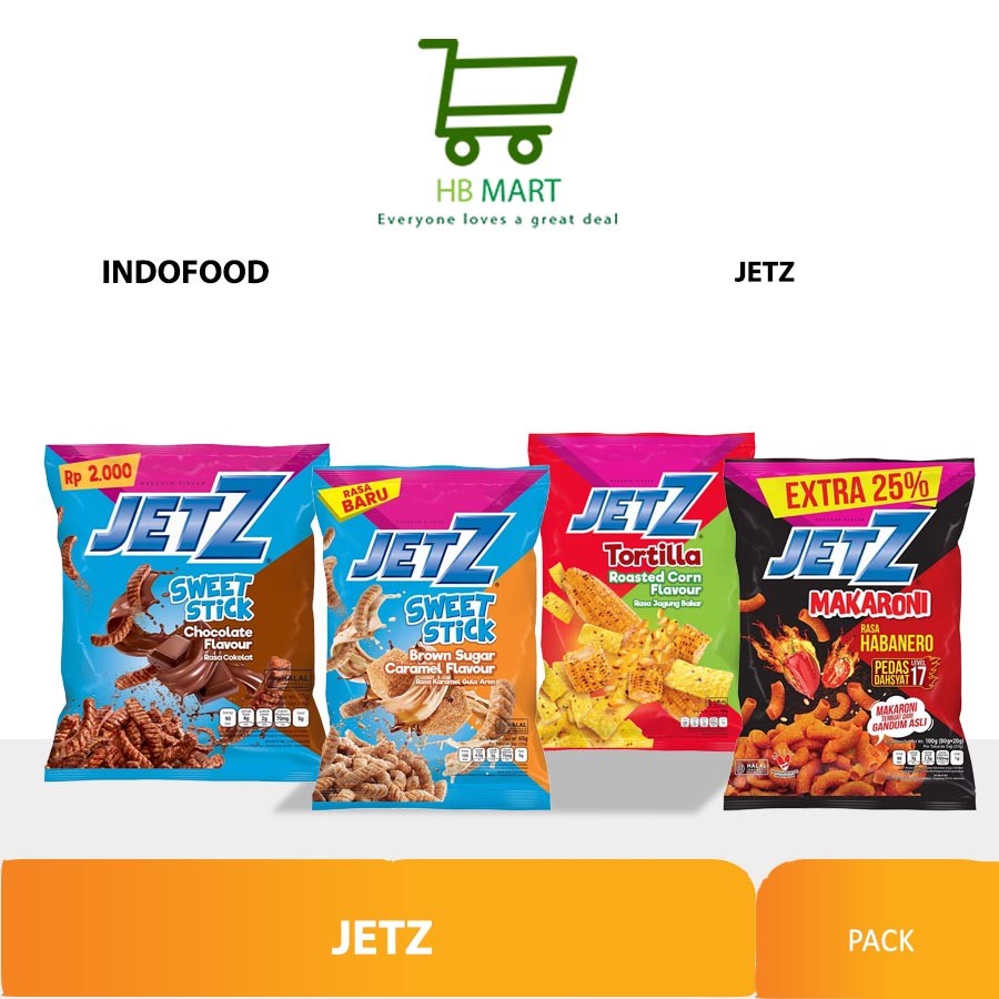 

MAKANAN RINGAN JETZ STICK CHOCO FIESTA / CARAMEL / MAKARONI TORTILLA 40GR 65 GR 100 GR