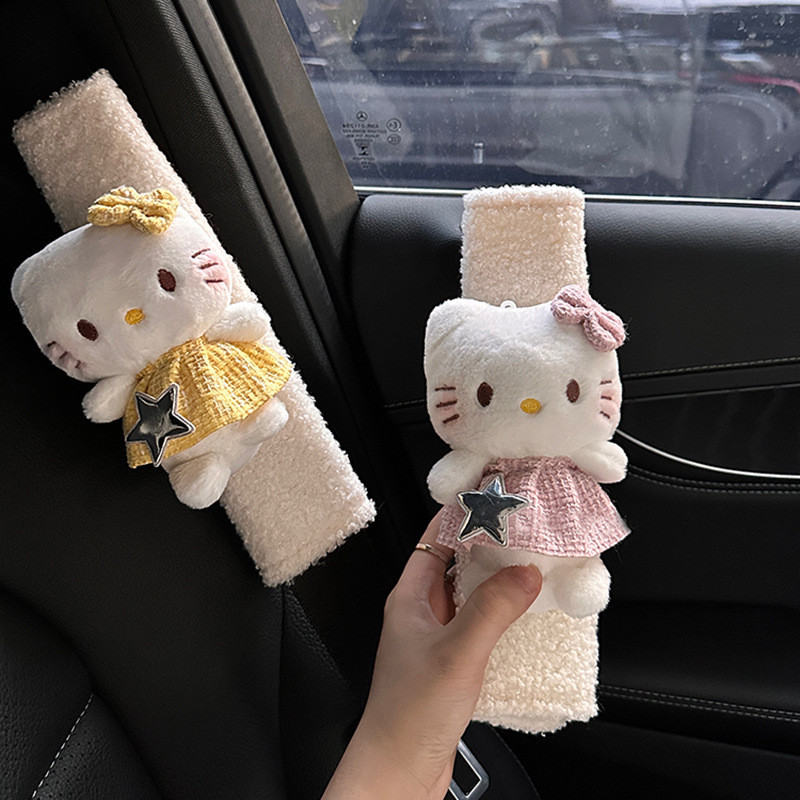 

2pcs Cute Hello Kitty Car Seatbelt Cover Auto Safety Belt Harness Cushion Plush Shoulder Strap Protector Pad Pad Car Interior