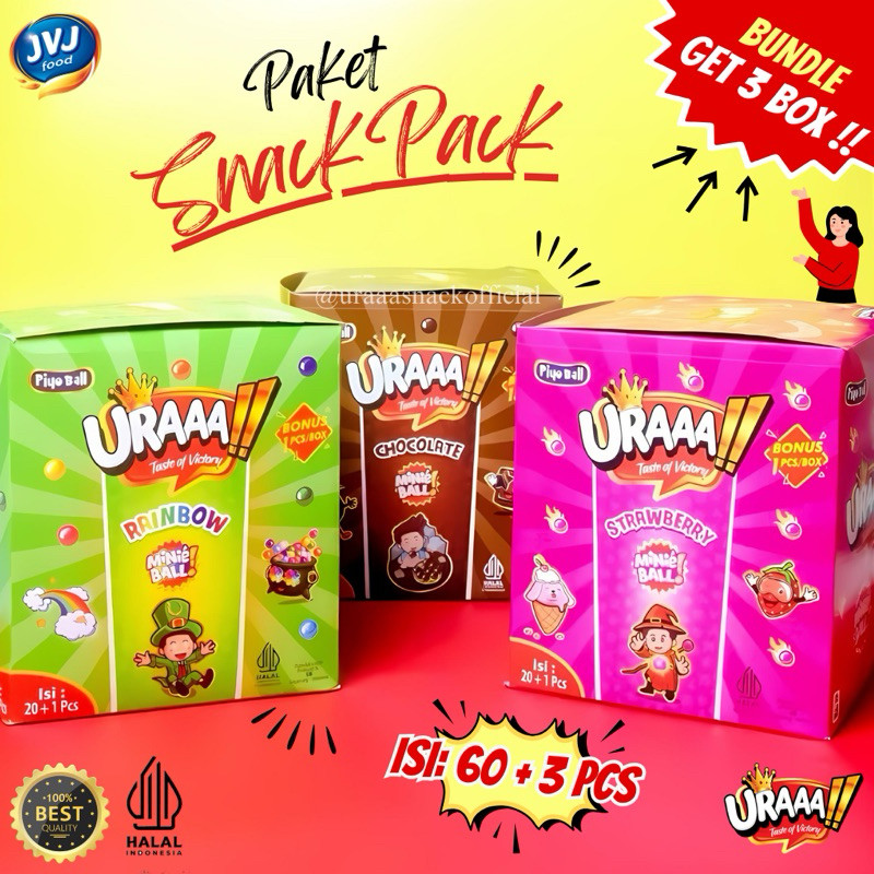 

PAKET USAHA [ISI 60+3] BUNDLE GET 3 BOX SNACKPACK URAAA!! MIX ANEKA KACANG, JAGUNG, OPAK, CHOCO BALL