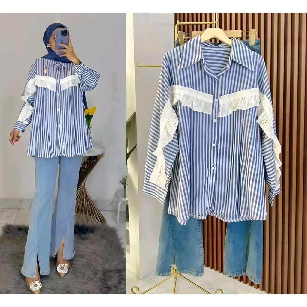 UMy - Viki Top Blouse Wanita Dewasa Muslim Matt Katun Salur Mix Renda Import Premium Fit To L XL OOT