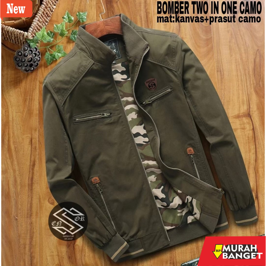 jaket kulit pria garut TANS - Jaket Pria Bomber Canvas TWO IN ONE Army Canvas Premium Original Senso