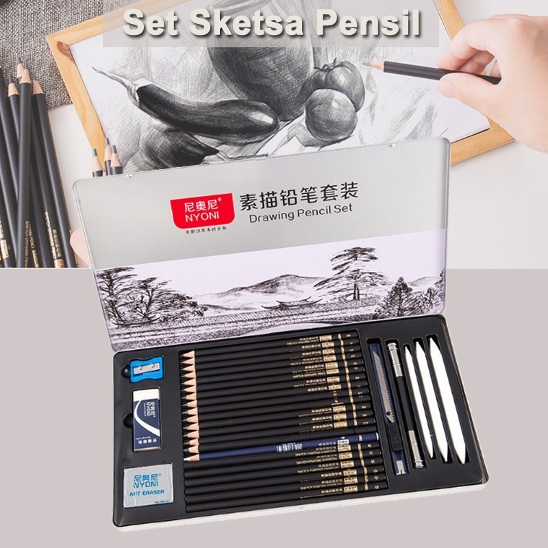 

NEWSTOK Set 29pcs Lukis Sketsa Lengkap Paket Drawing Pencil Gambar Metal Tin Box Pensil Gambar