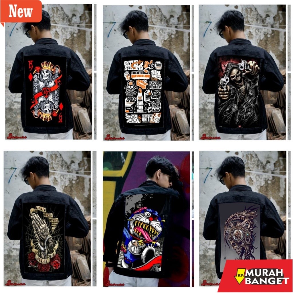Jaket pria terbaru yg viral- jaket jeans pria terbaru 2022 bergambar belakang doraemon hitam / jaket