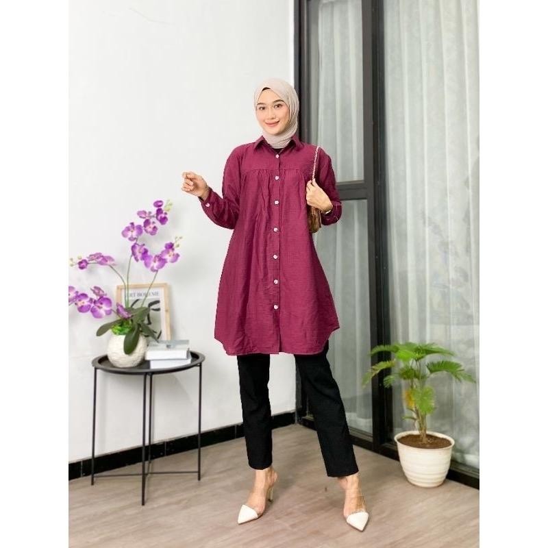 Tunik Polos Kancing Depan Belakang Variasi Polo Linen Panjang Muslim Katun Nyaman