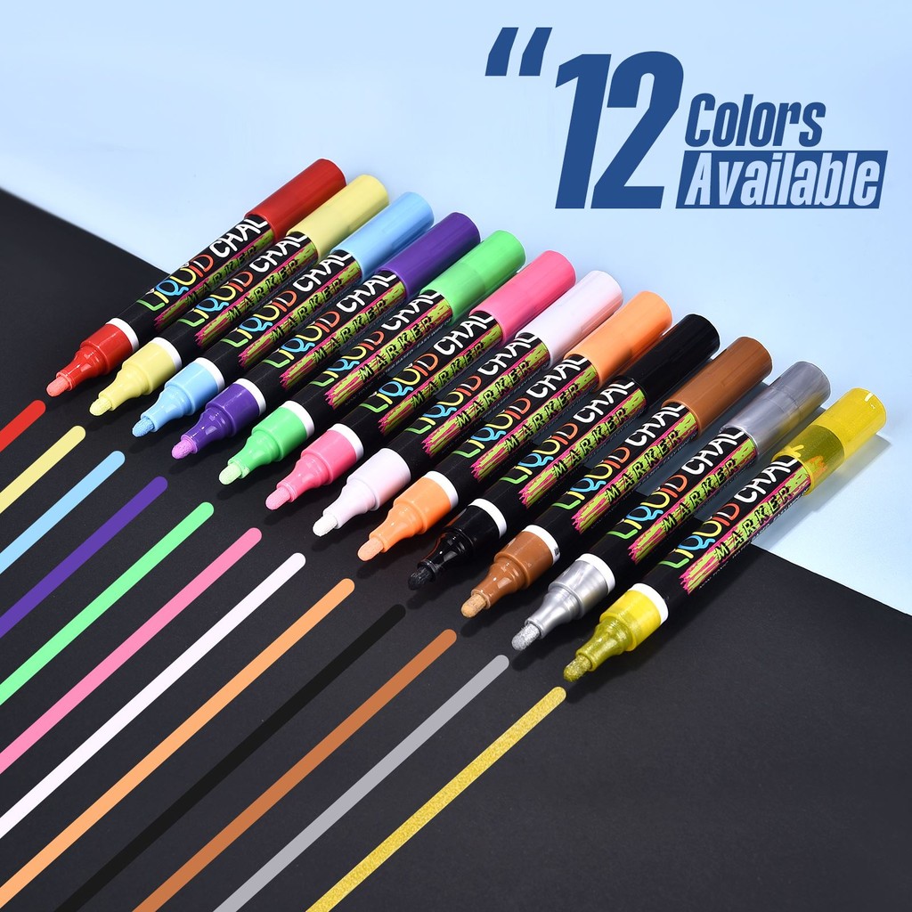 

12 Colors Whiteboard Markers Erasable Colorful Marker Pens Liquid Chalk Pens for School Office Whiteboard Chalkboard