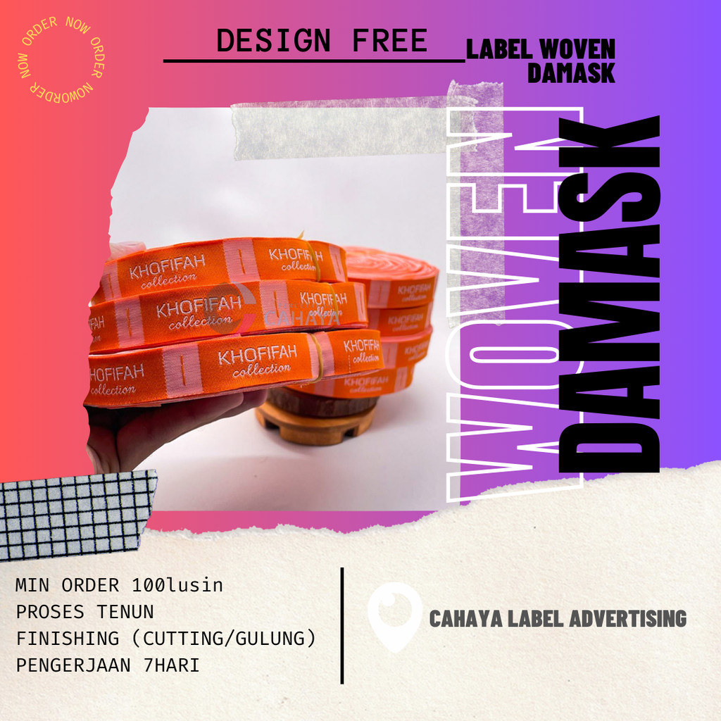 

4x6cm label woven damask, label rajut, label tenun, label tas, label kaos, label hijab, merek