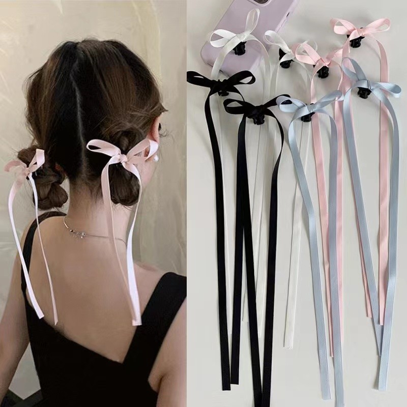 2Pcs Y2K Long Bow Hair Clip Women Girls Ribbon Bow Shark Clip Cute Korean Long Tassel Ribbon Hairpin
