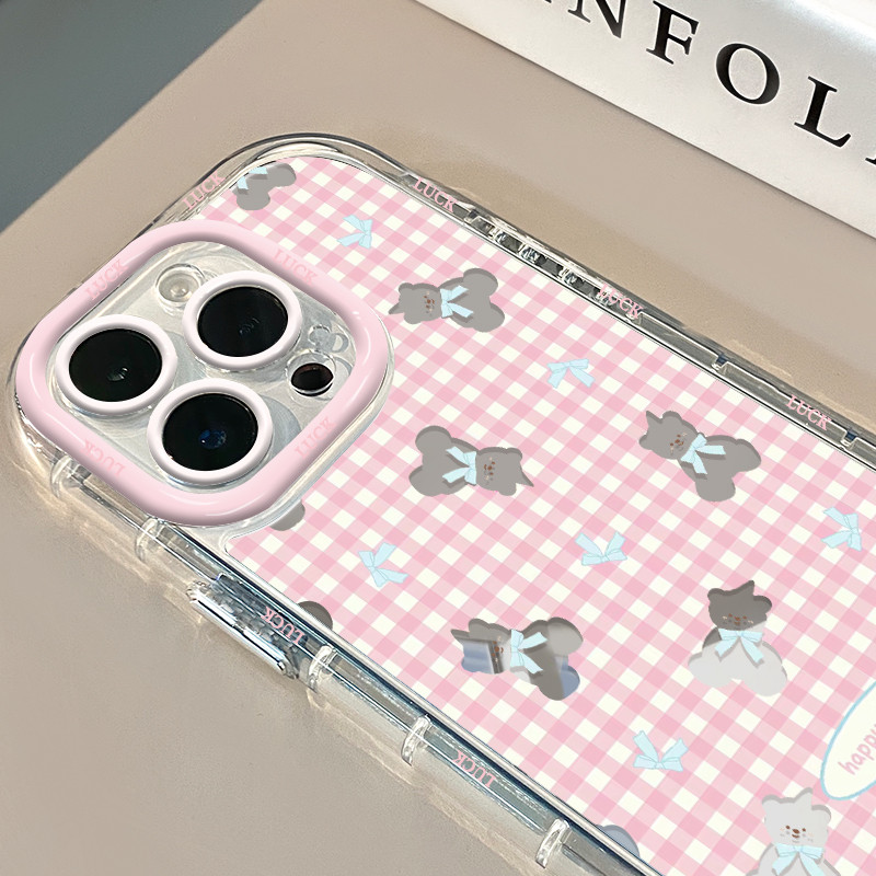 Krim Kartun Lucu Beruang Kotak-kotak Merah Muda case Hp Iphone 11 Pro Max Xs Xr 12 13 14 15 Plus