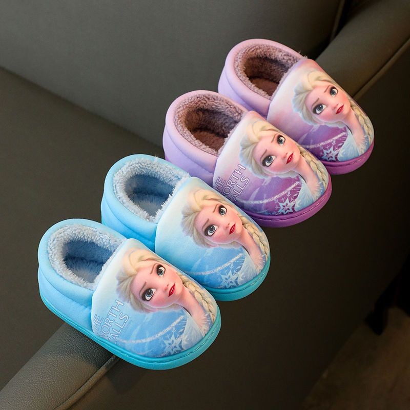 Disney Princess Elsa Winter Children's Heel Cotton Slippers Girls' Warm Frozen Kids' Cotton Black Pu
