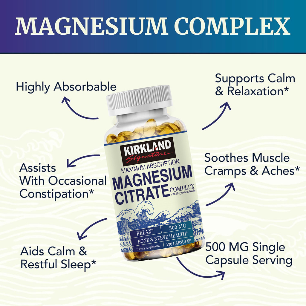 KIRKLAND Magnesium Citrate Complex Capsules 500 MG Supports calmness and relaxation Highly Absorbabl