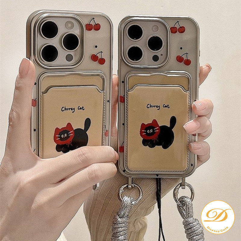 Casing Tempat Kartu Kredit Kucing Lucu Ceri dengan Tali Penyandang Kompatibel untuk iPhone 15 Pro Ma